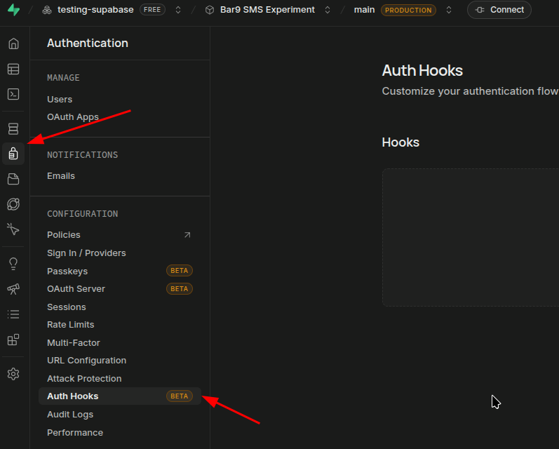 Supabase Authentication Hooks dashboard